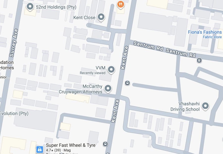 Map showing VVM's offices at 332 Kent Avenue, Randburg
